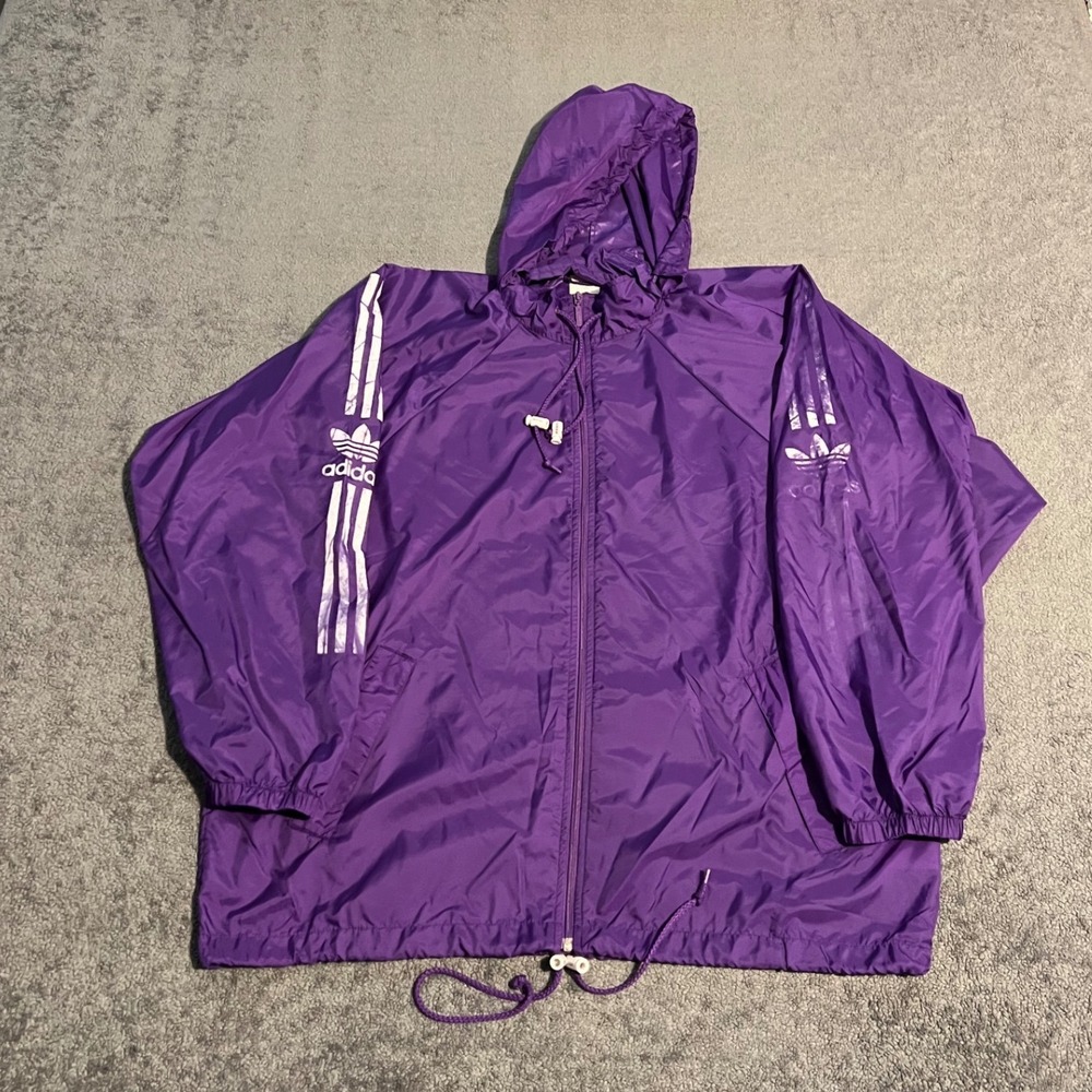 Vintage 80s Adidas Originals Windbreaker Jacket Purple Trefoil Logo Mens XL